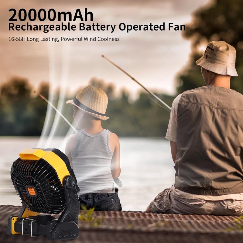 WESTTREE 20000mAh Camping Fan with LED Lantern USB Tpye C Rechargeable Battery Operated Outdoor Tent Fan with Light & Hook, 270° Pivot 4 Speeds, Personal USB Desk Fan for Camping Yellow X26A - Image 2